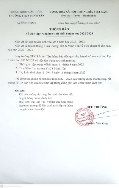 Thông báo việc tập trung học sinh khối 6 năm học 2022 - 2023